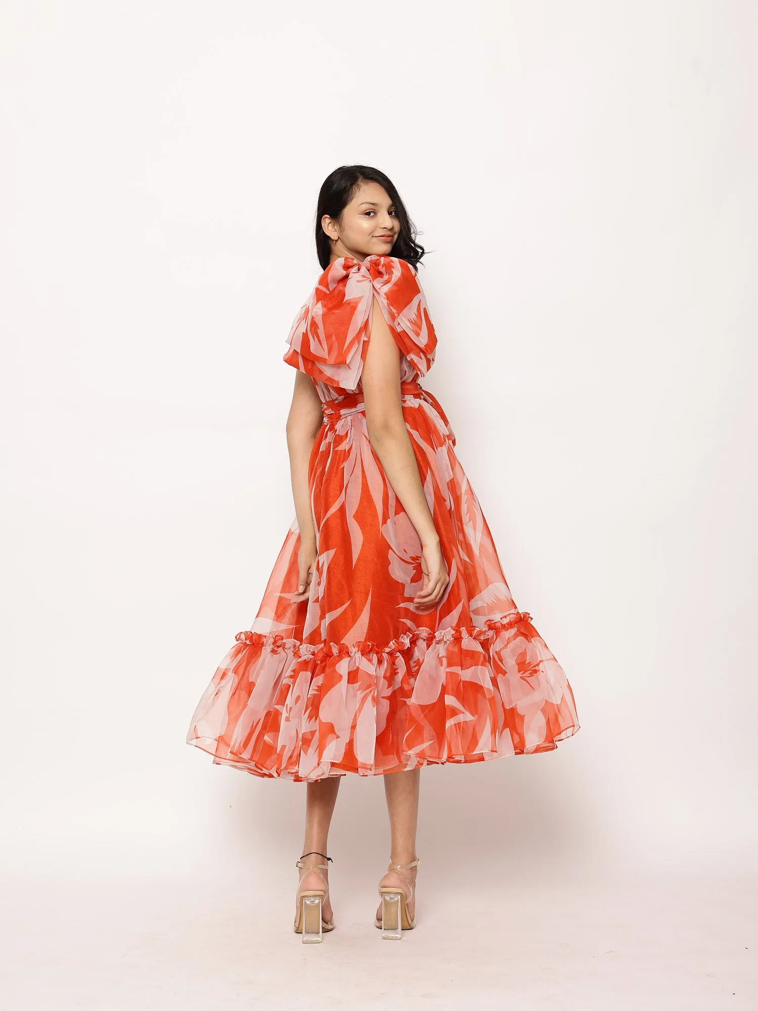 Janyas Closet Lora Floral Print Tea-Length Ruffled Dress