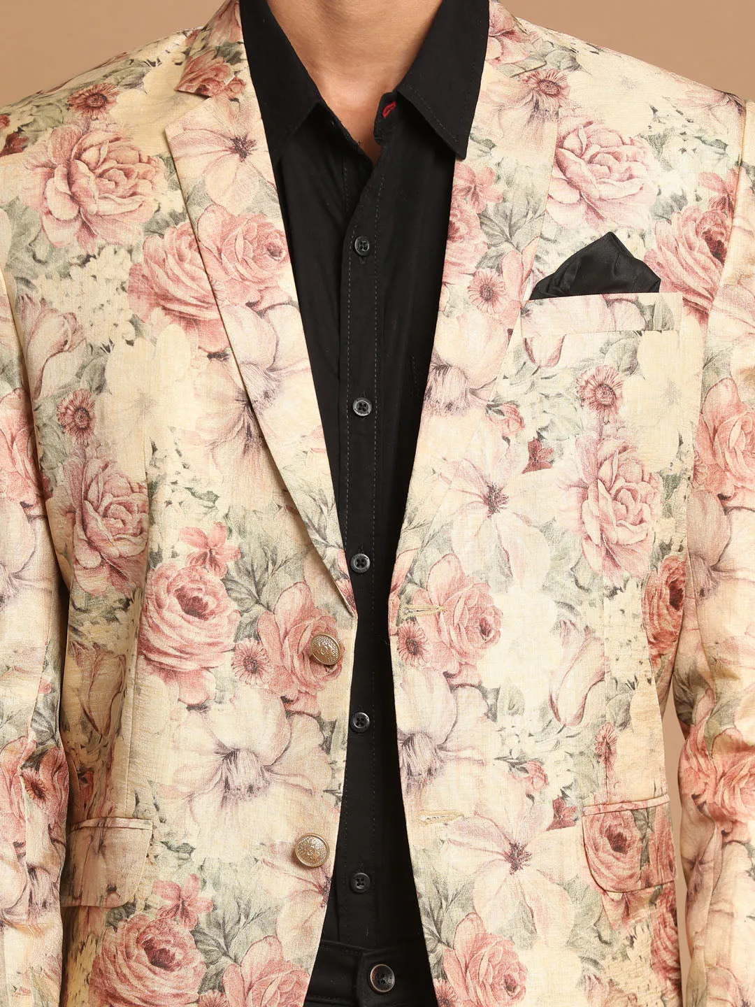 Jashvi Men's Beige Silk Blend Floral Print Blazer