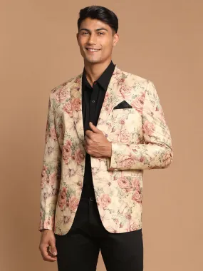 Jashvi Men's Beige Silk Blend Floral Print Blazer