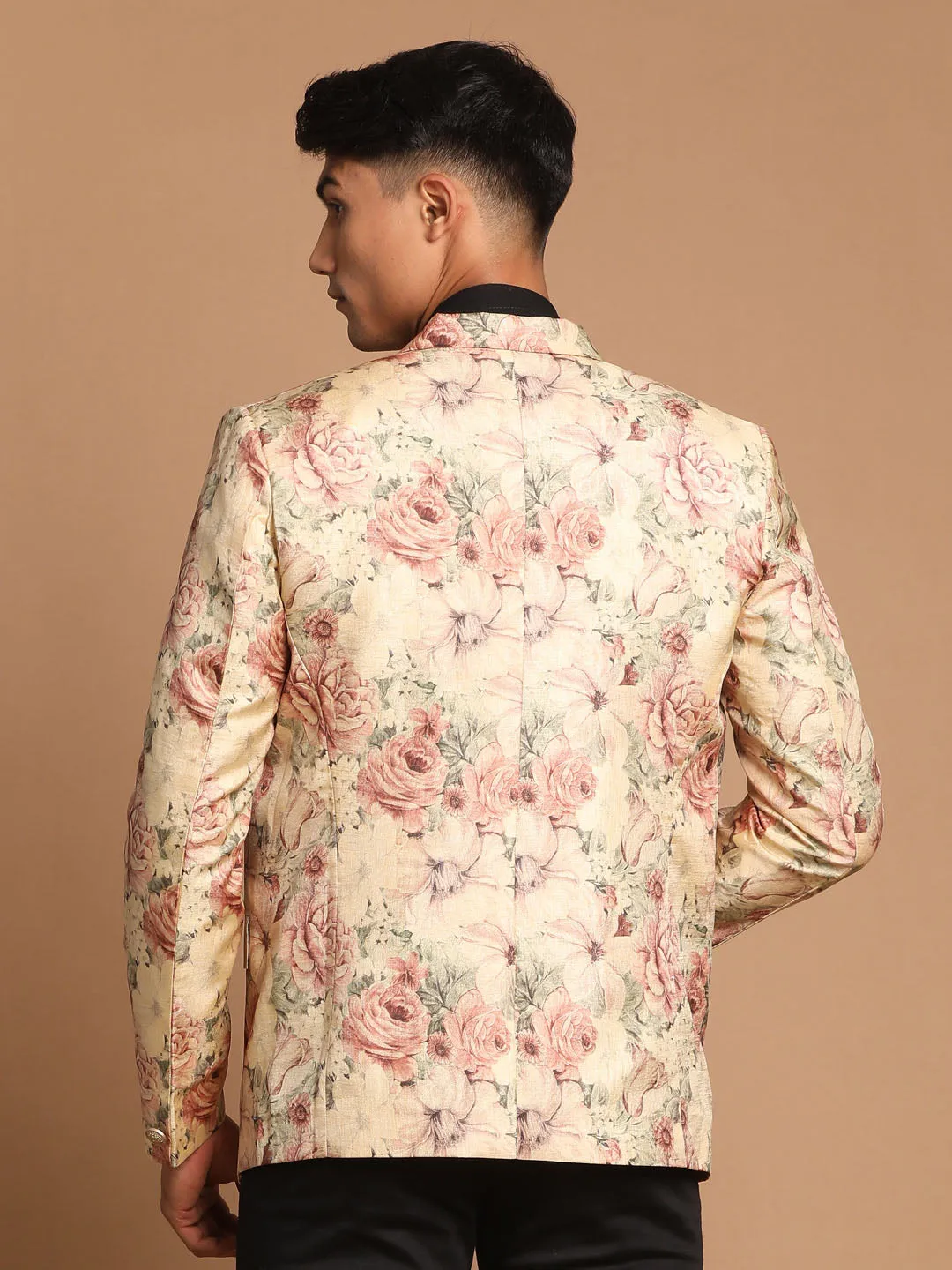 Jashvi Men's Beige Silk Blend Floral Print Blazer