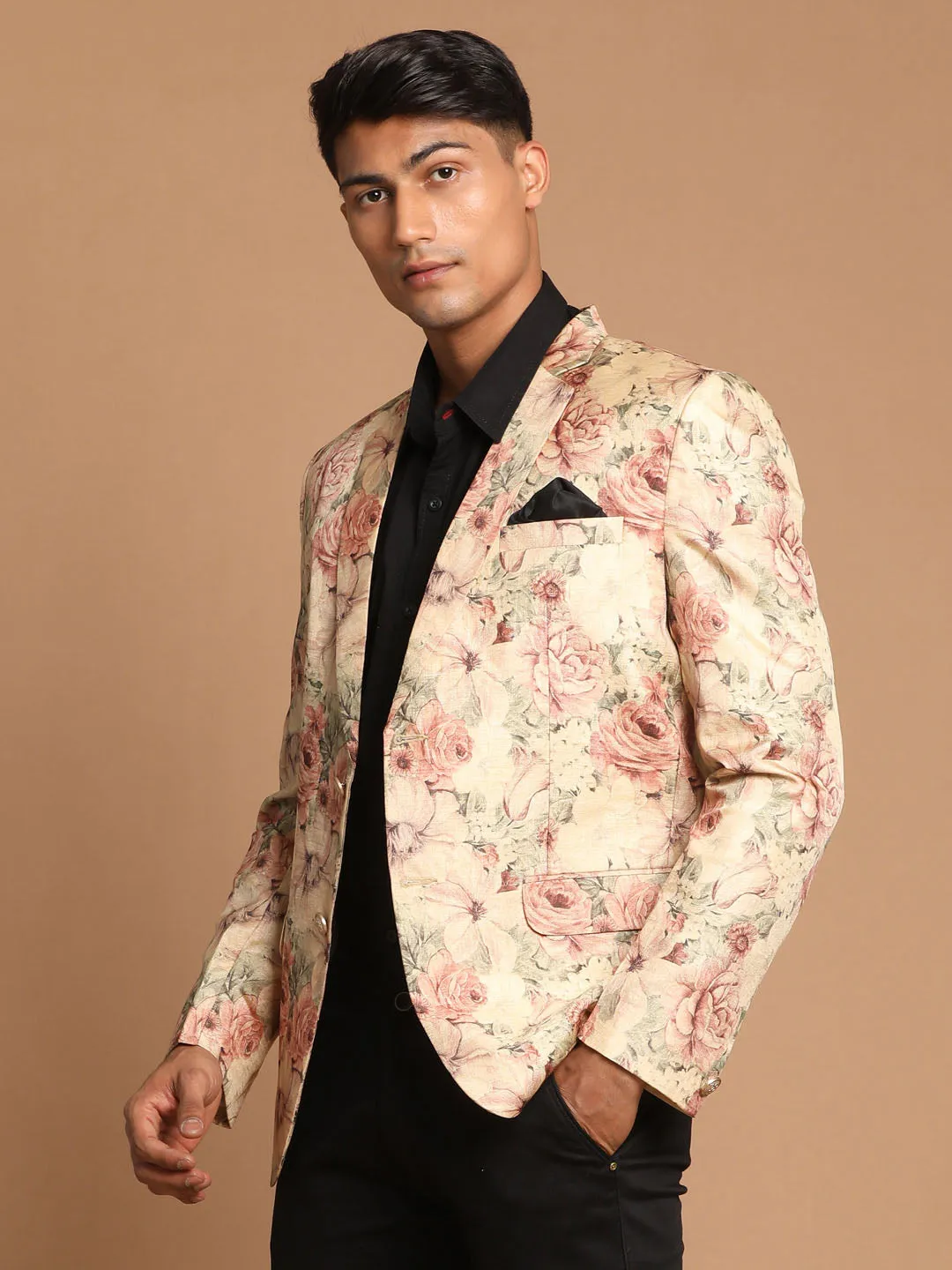 Jashvi Men's Beige Silk Blend Floral Print Blazer