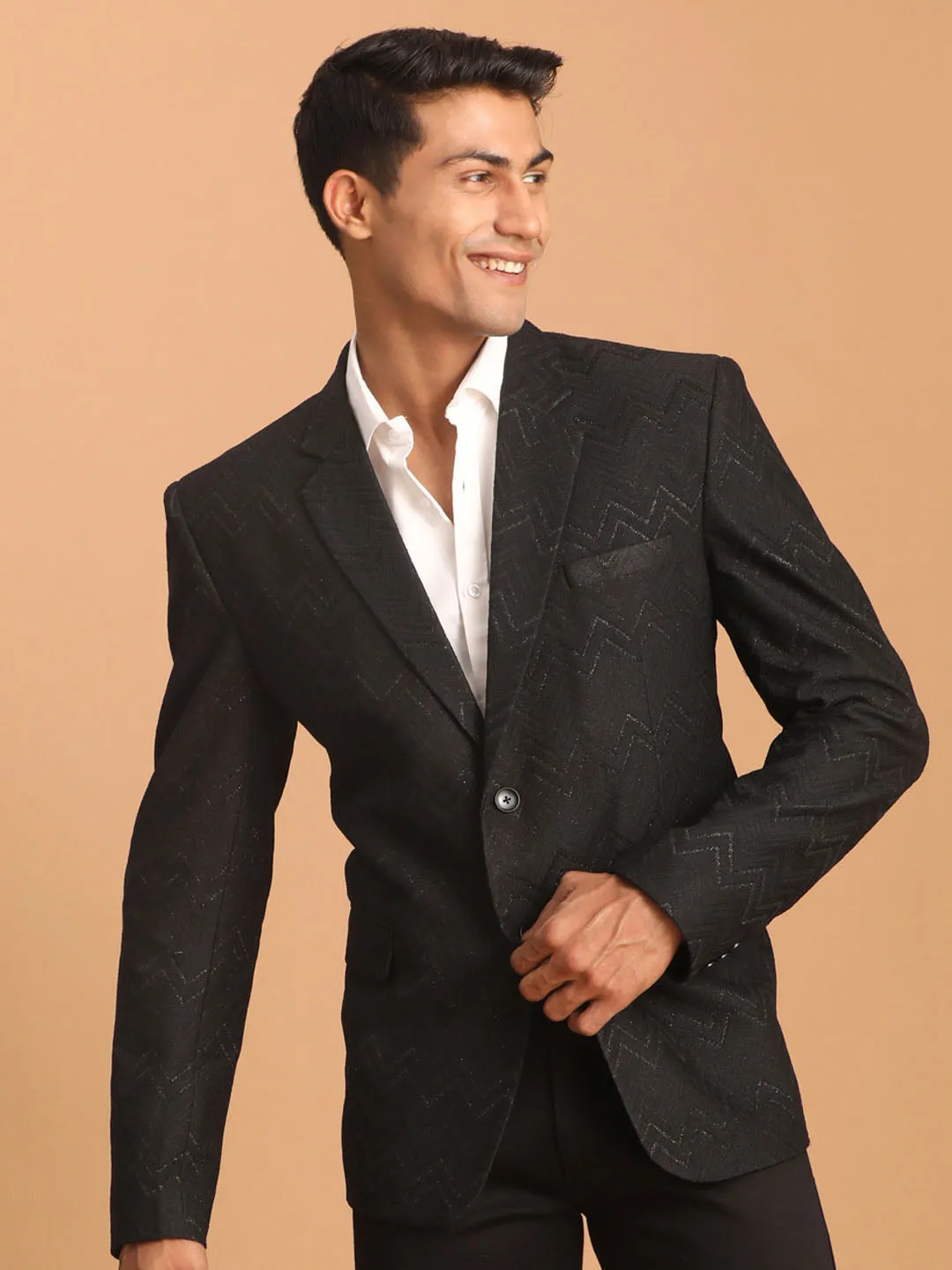 Jashvi Men's Black Zig Zag Glitter Silk Blend Blazer