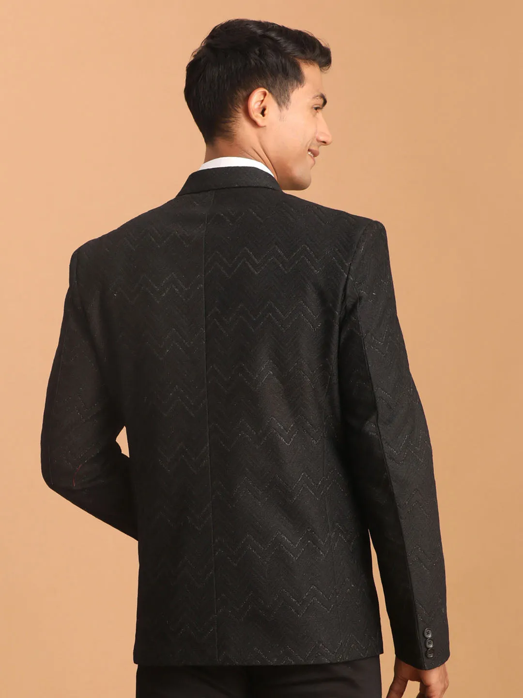 Jashvi Men's Black Zig Zag Glitter Silk Blend Blazer