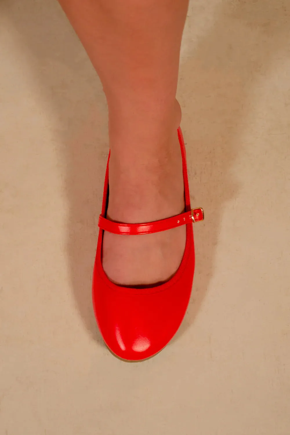 JOSIE WIDE FIT BALLERINA FLATS WITH STRAP DETAIL IN RED FAUX LEATHER