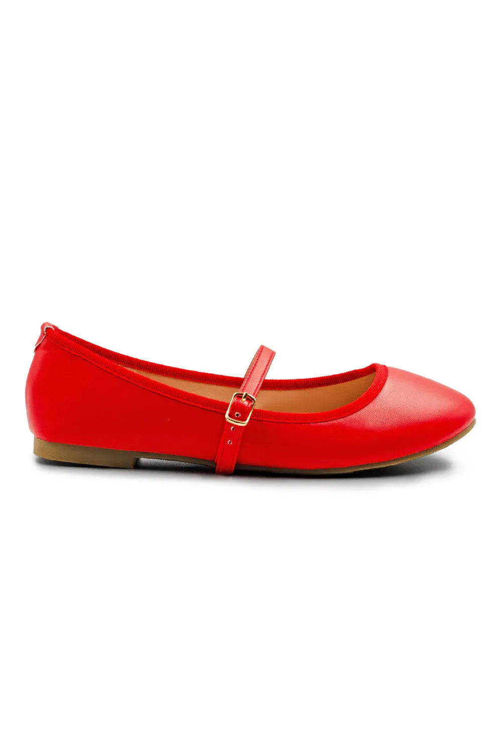 JOSIE WIDE FIT BALLERINA FLATS WITH STRAP DETAIL IN RED FAUX LEATHER