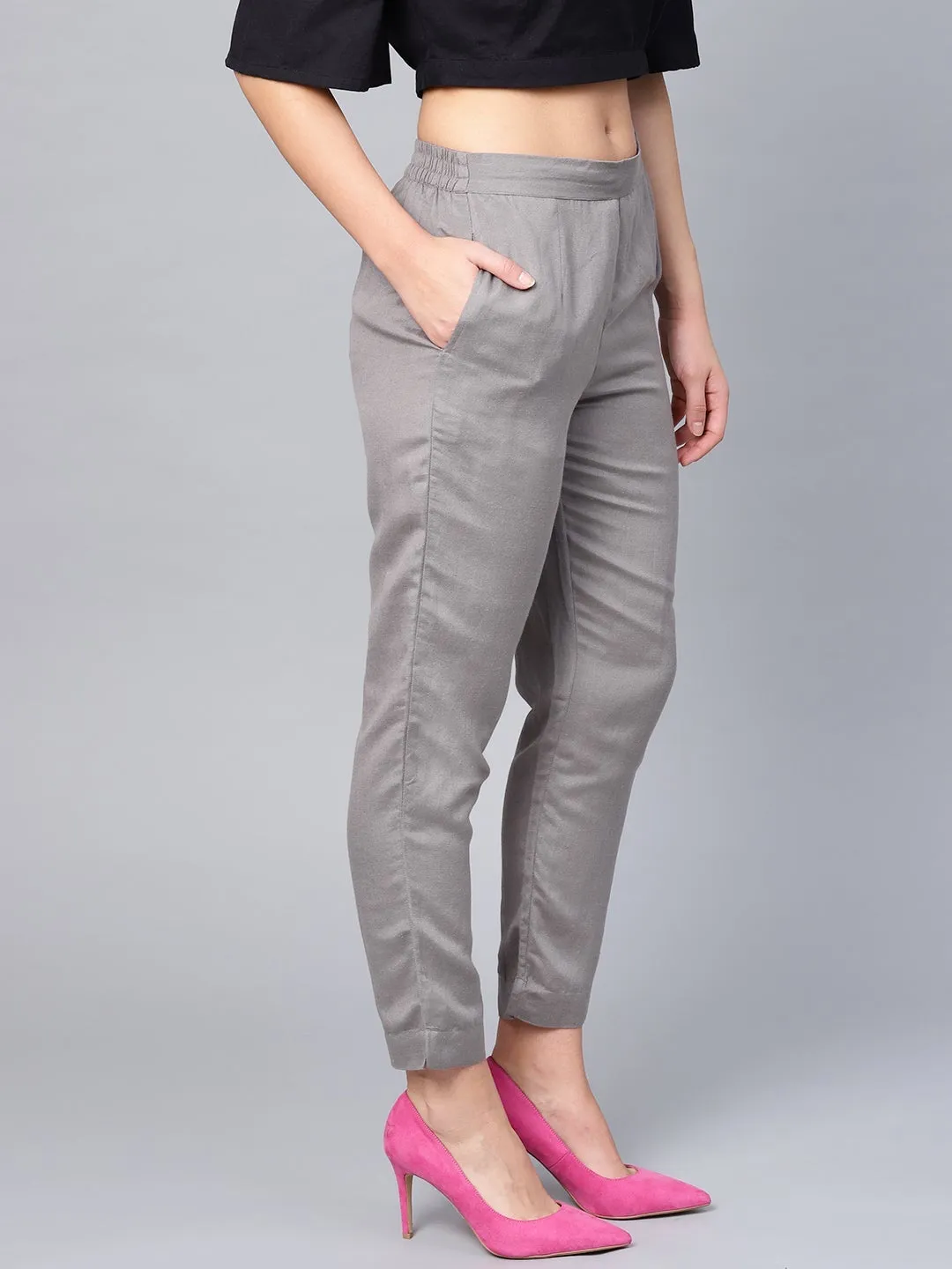 Juniper Grey Solid Rayon Flex Slim Fit Women Pants With Two Pockets