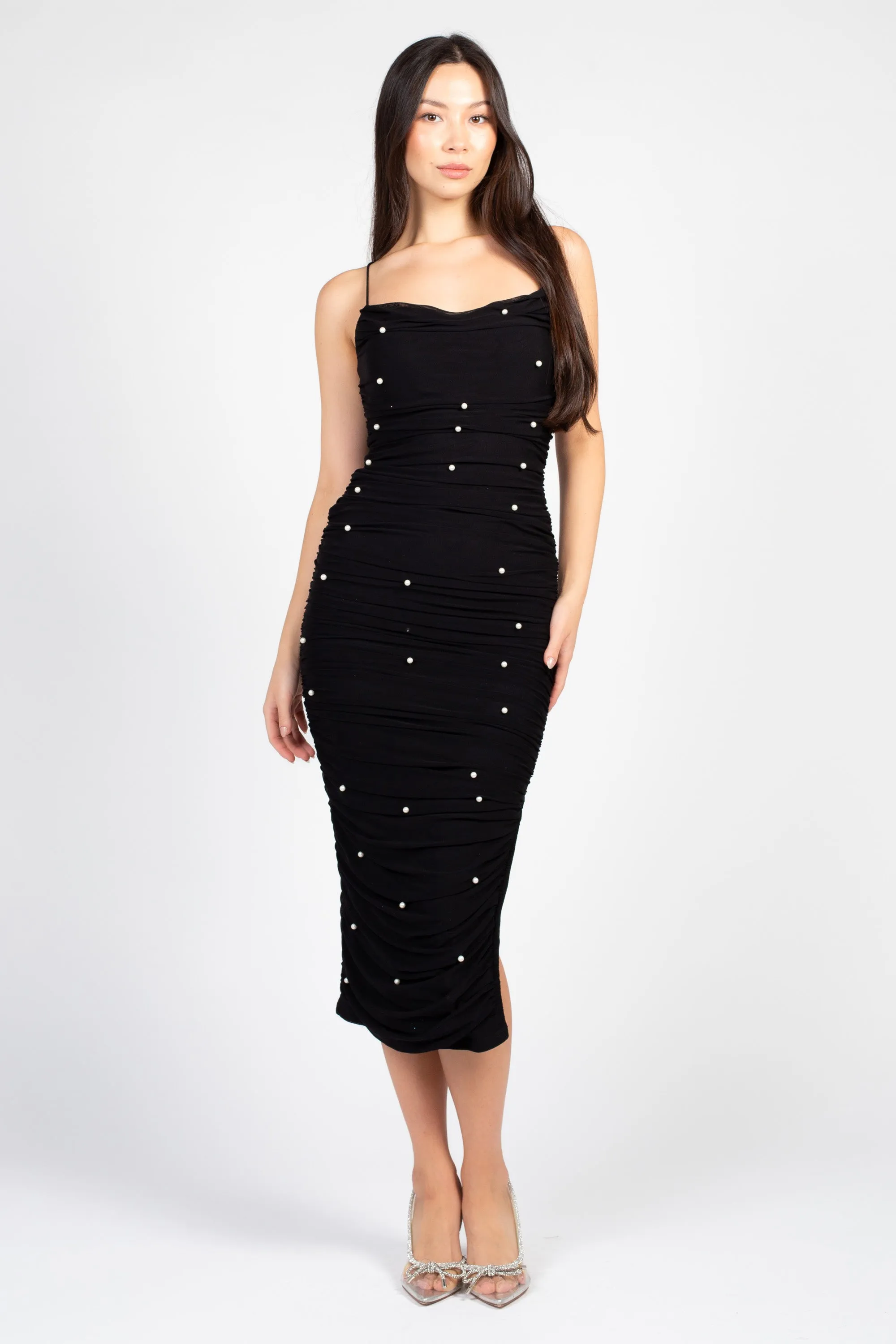 Kehlani Pearl Mesh Ruched Midi Dress