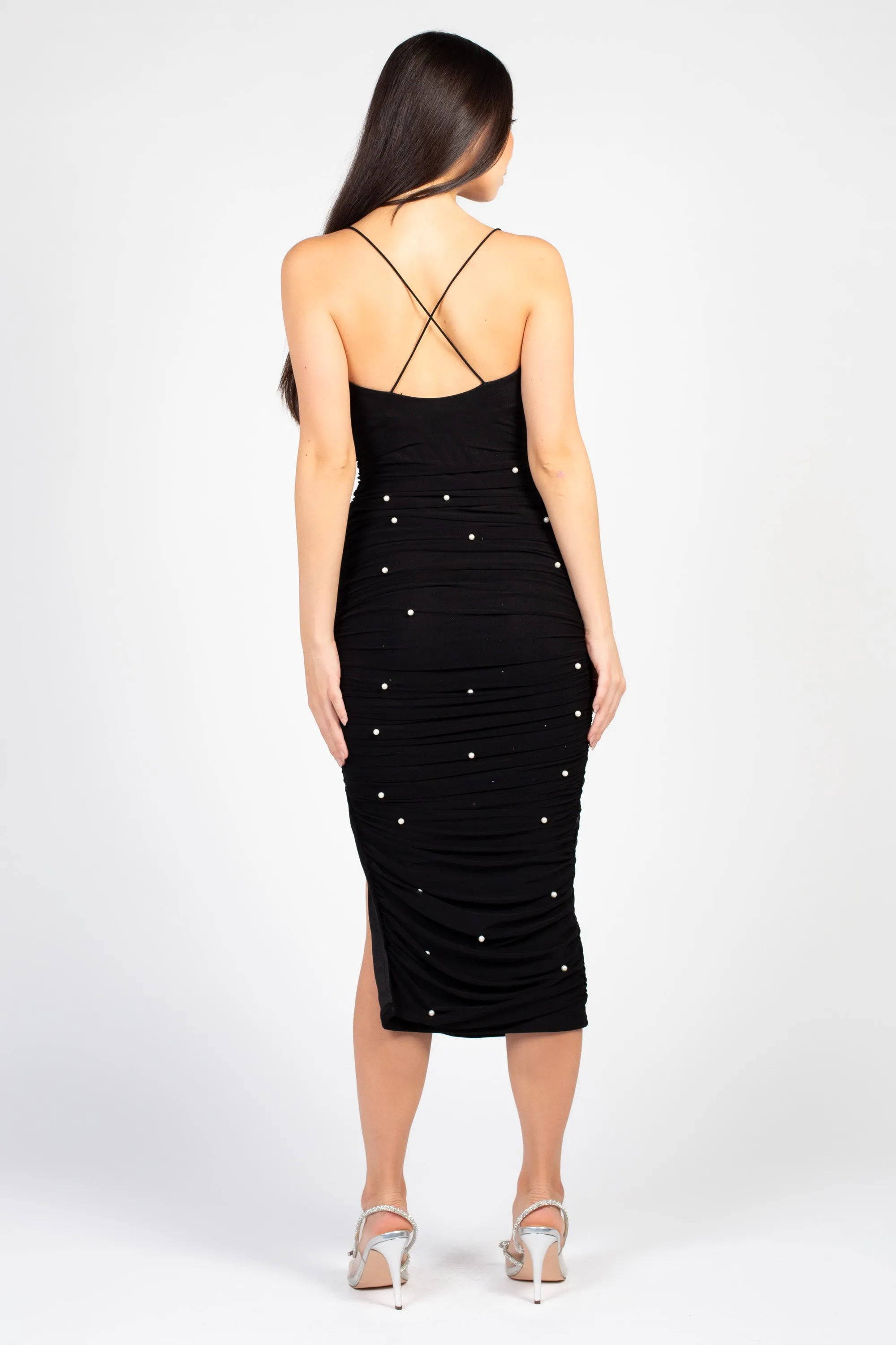 Kehlani Pearl Mesh Ruched Midi Dress