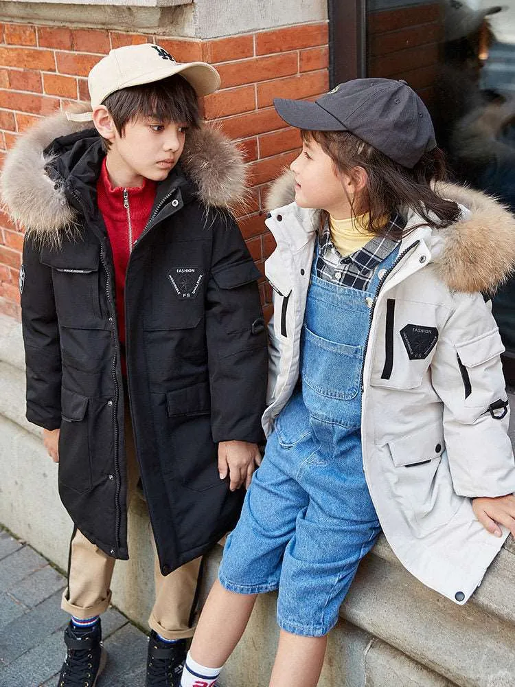 Kids Mid-length Thick Down Coat with Fur