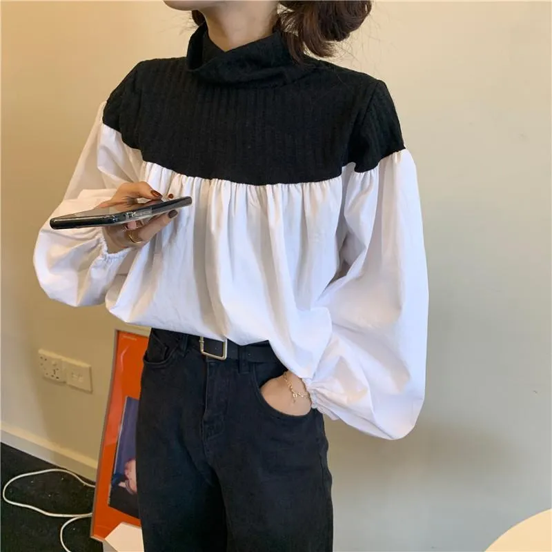 Knit Turtleneck Patchwork Lantern Sleeve White Blouse