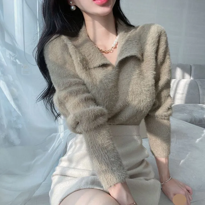 [Korean Style] Furry Turn-down Collared Sweater Pullover