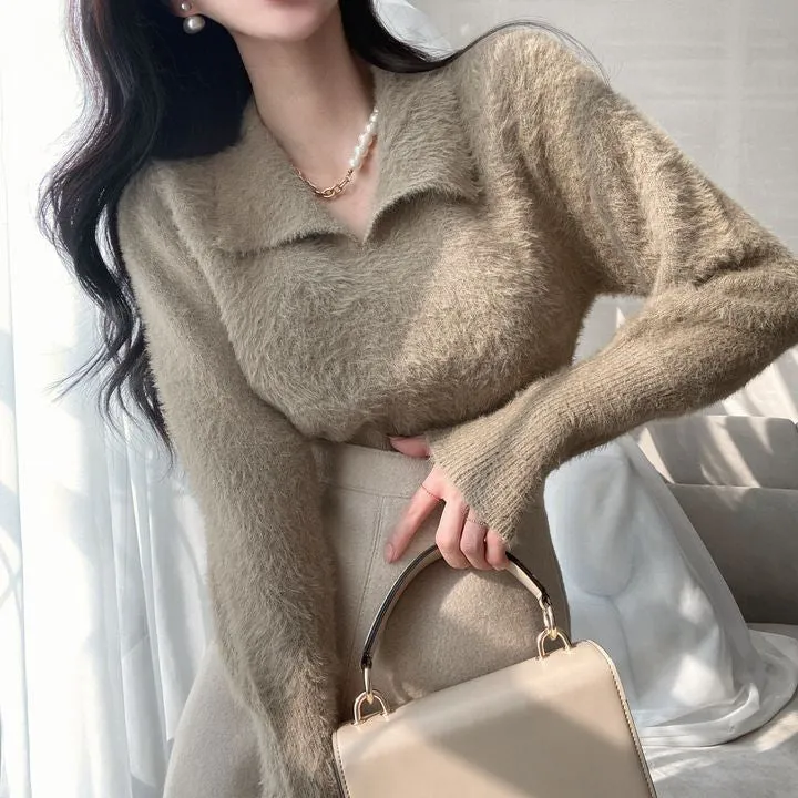 [Korean Style] Furry Turn-down Collared Sweater Pullover