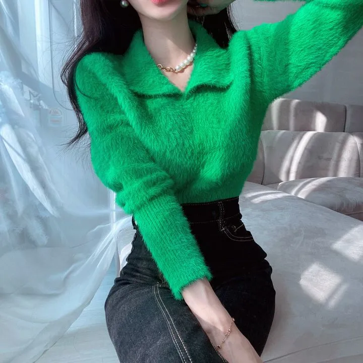 [Korean Style] Furry Turn-down Collared Sweater Pullover