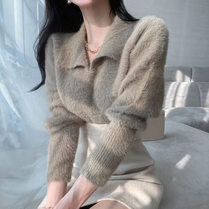 [Korean Style] Furry Turn-down Collared Sweater Pullover