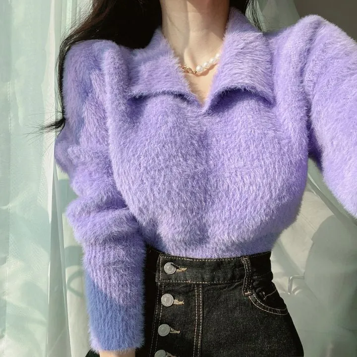 [Korean Style] Furry Turn-down Collared Sweater Pullover