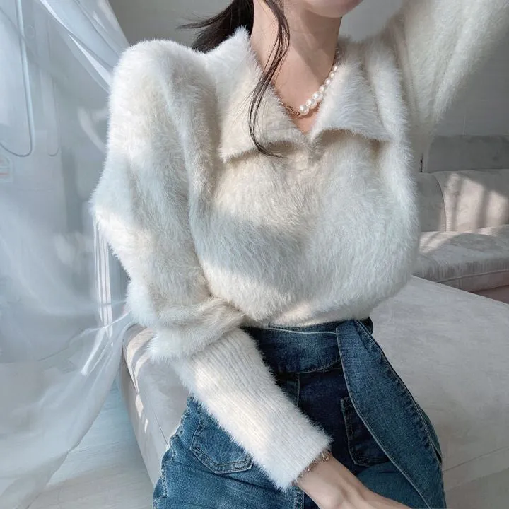 [Korean Style] Furry Turn-down Collared Sweater Pullover