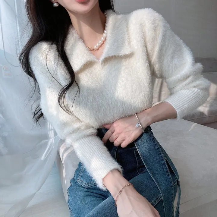 [Korean Style] Furry Turn-down Collared Sweater Pullover