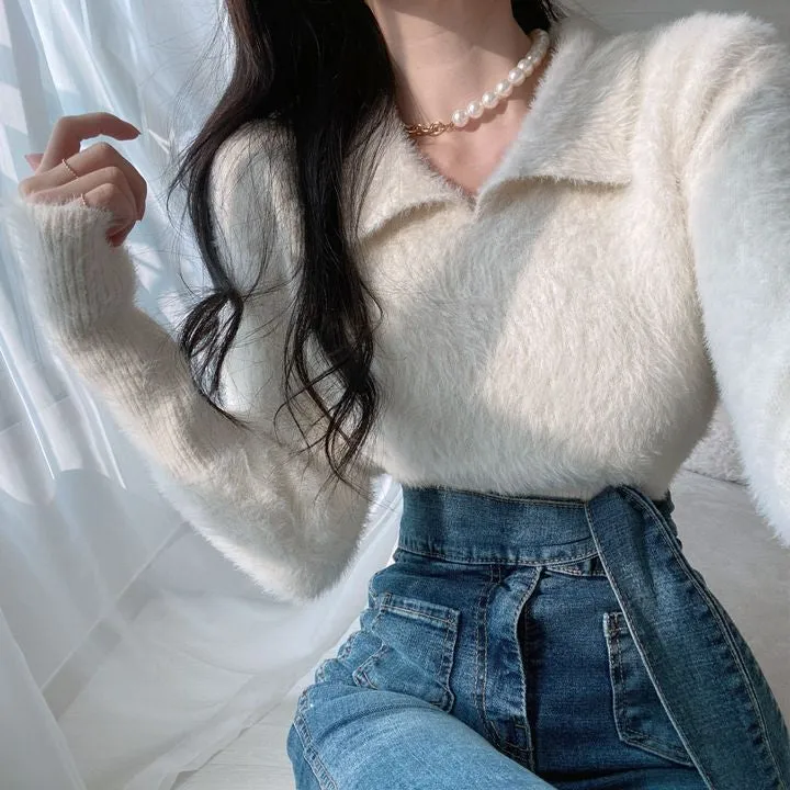 [Korean Style] Furry Turn-down Collared Sweater Pullover