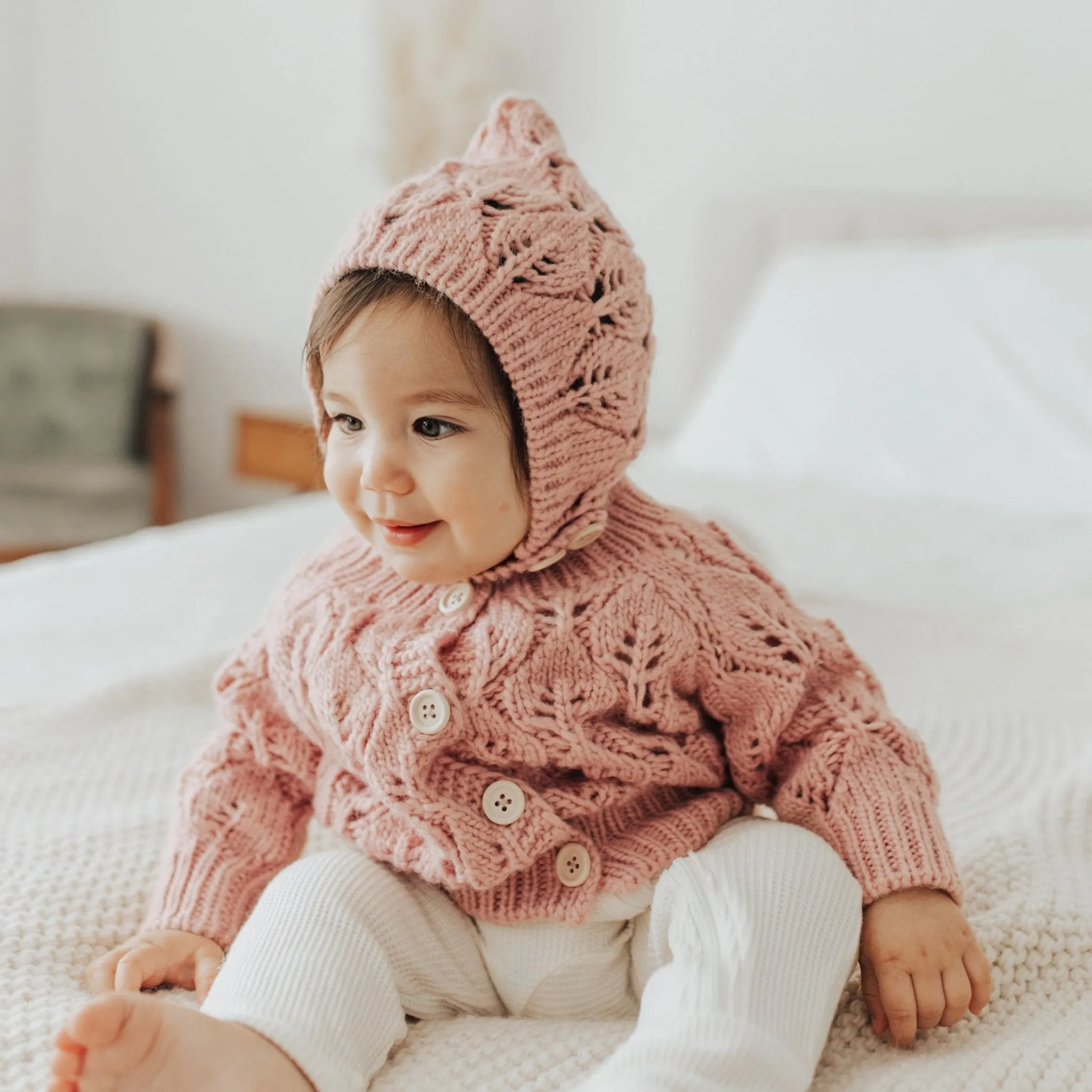 Leaf Lace Hand Knit Cardigan Sweater Rosy Pink