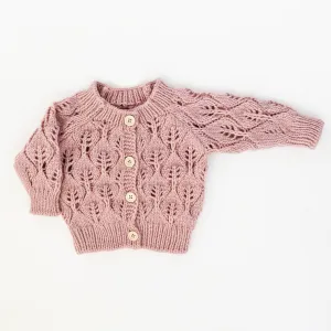 Leaf Lace Hand Knit Cardigan Sweater Rosy Pink