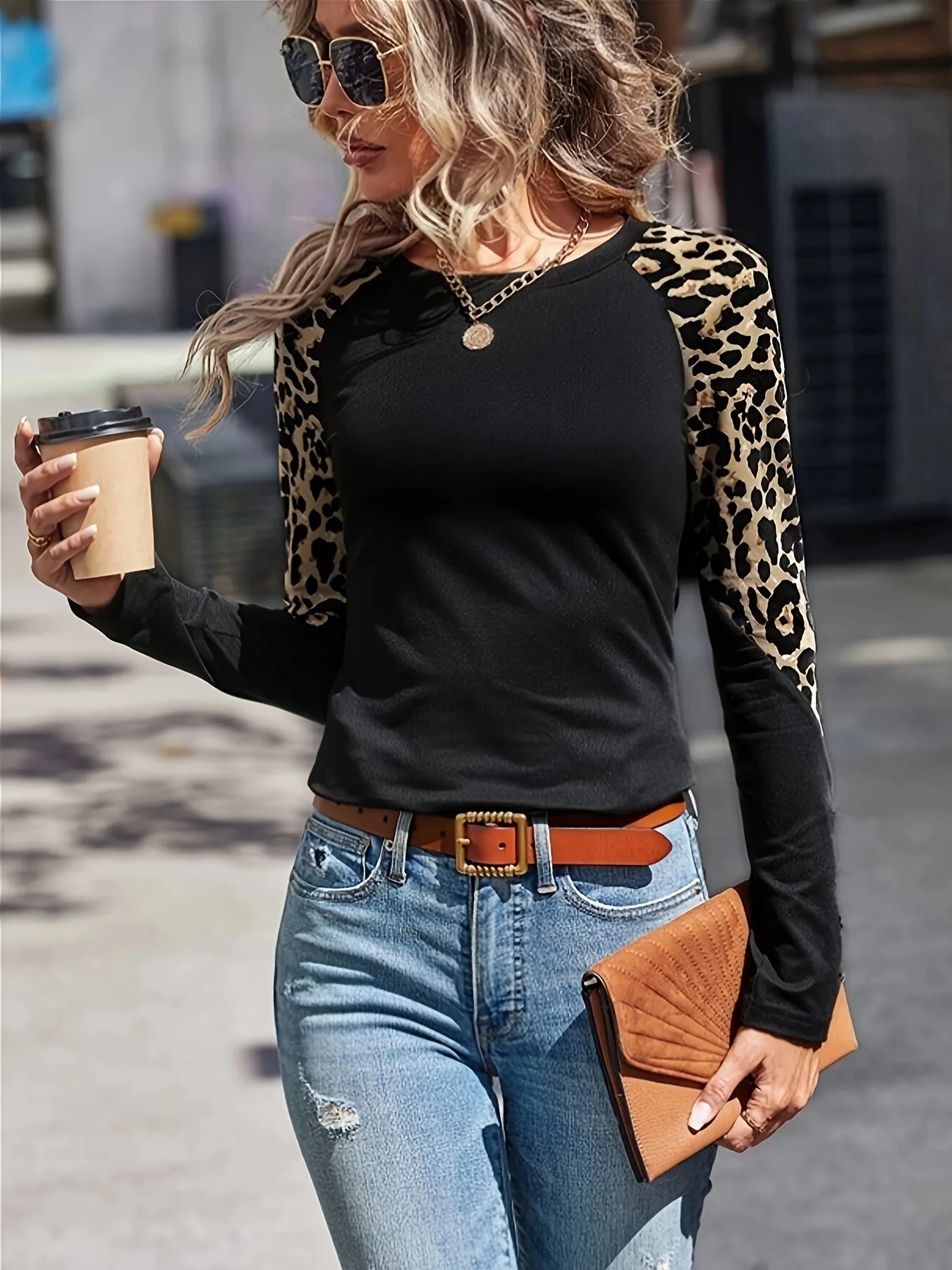 Leopard Print Crew Neck TShirt Stylish Womens Top for All Seasons