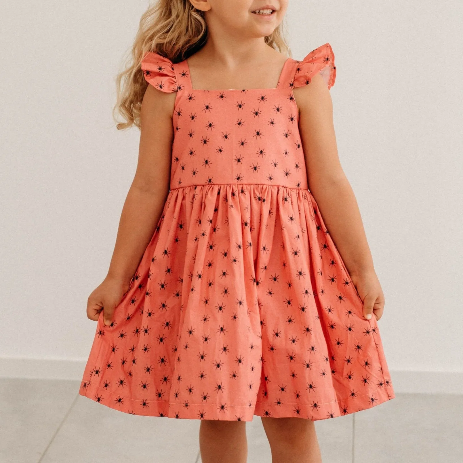 Little Girl's Pink and Black Spider Print Halloween Dress