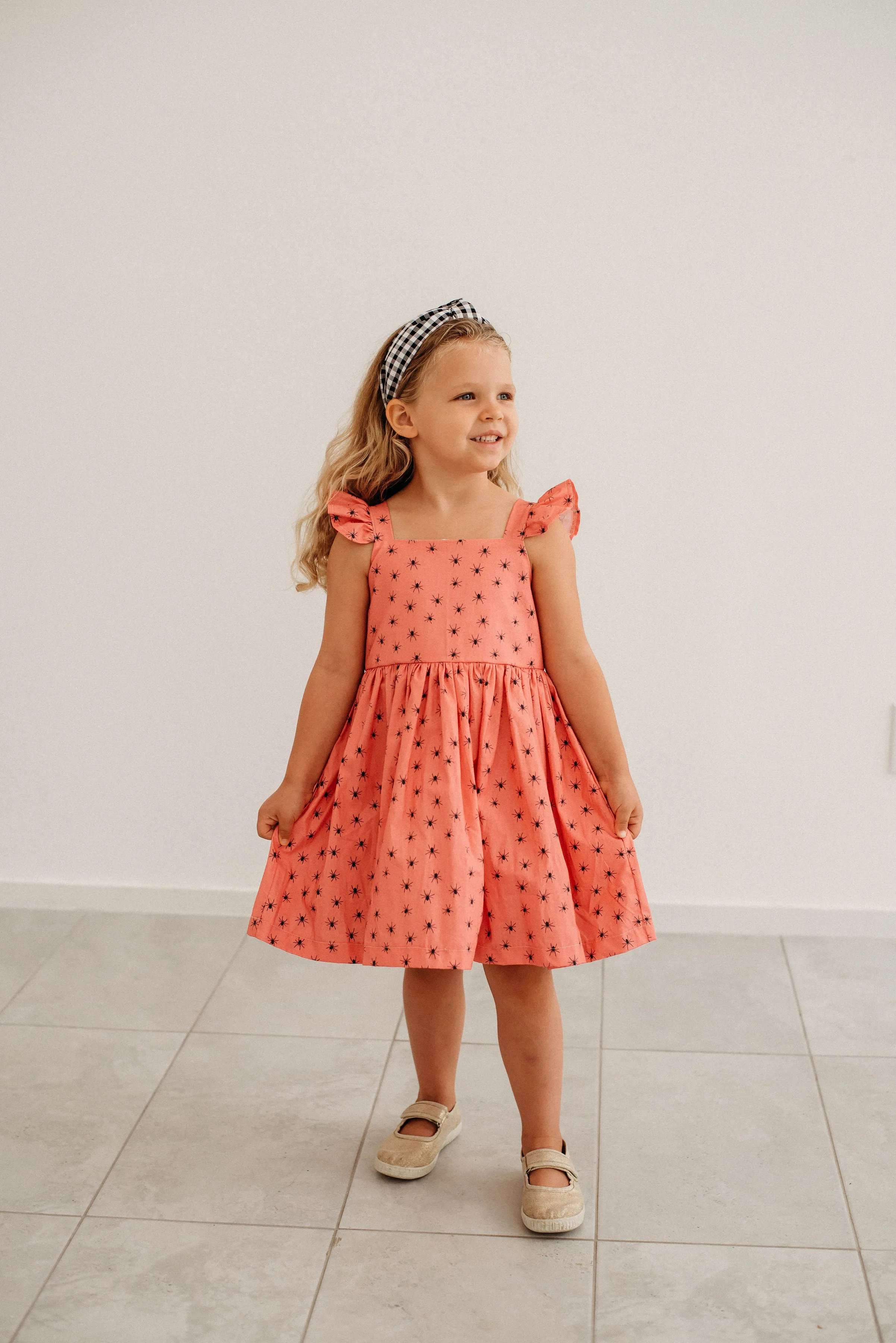 Little Girl's Pink and Black Spider Print Halloween Dress