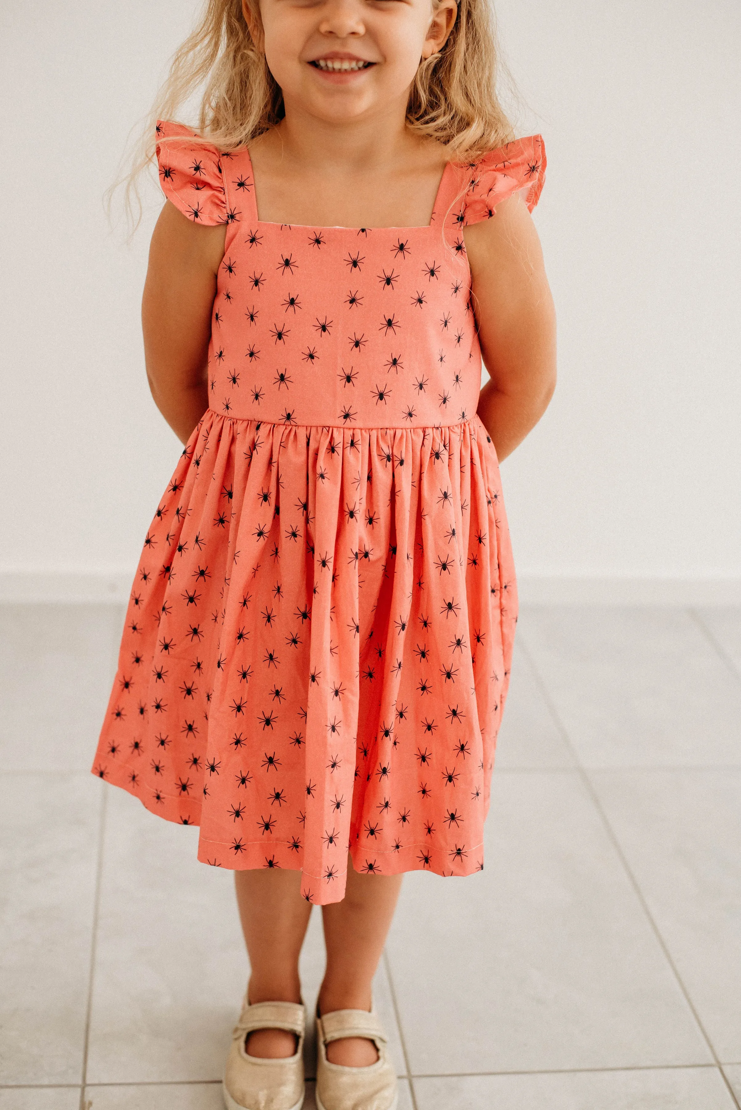 Little Girl's Pink and Black Spider Print Halloween Dress