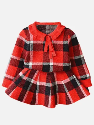 Little Surprise Box Red Plaid Peter Pan collar 2 pcs sweatshirt & Skirt Winterwear set for Girls