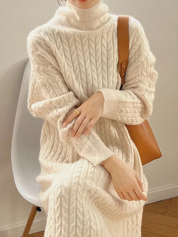 Long Pullover Sweater Long Maxi Women Sleeve Turtleneck Knitted Dress Dress