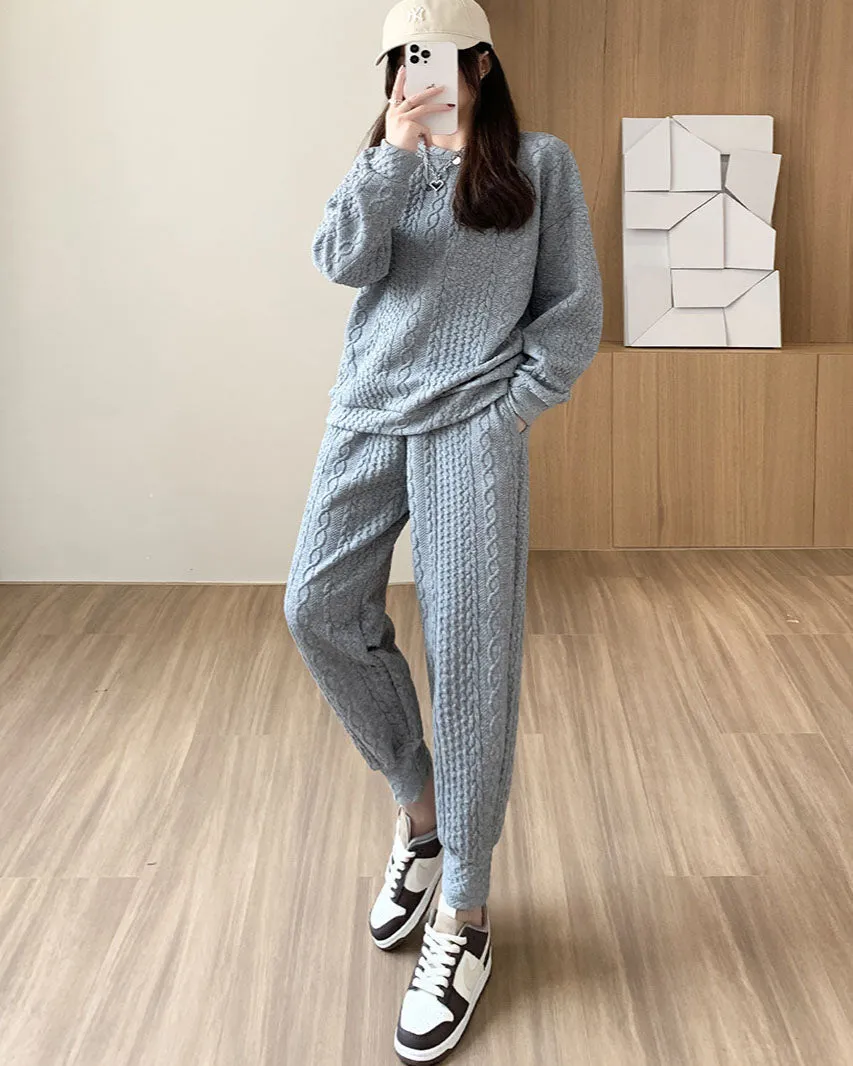 Long Sleeve Sweatshirt & Dual Pockets Pants Textured Two-piece Set