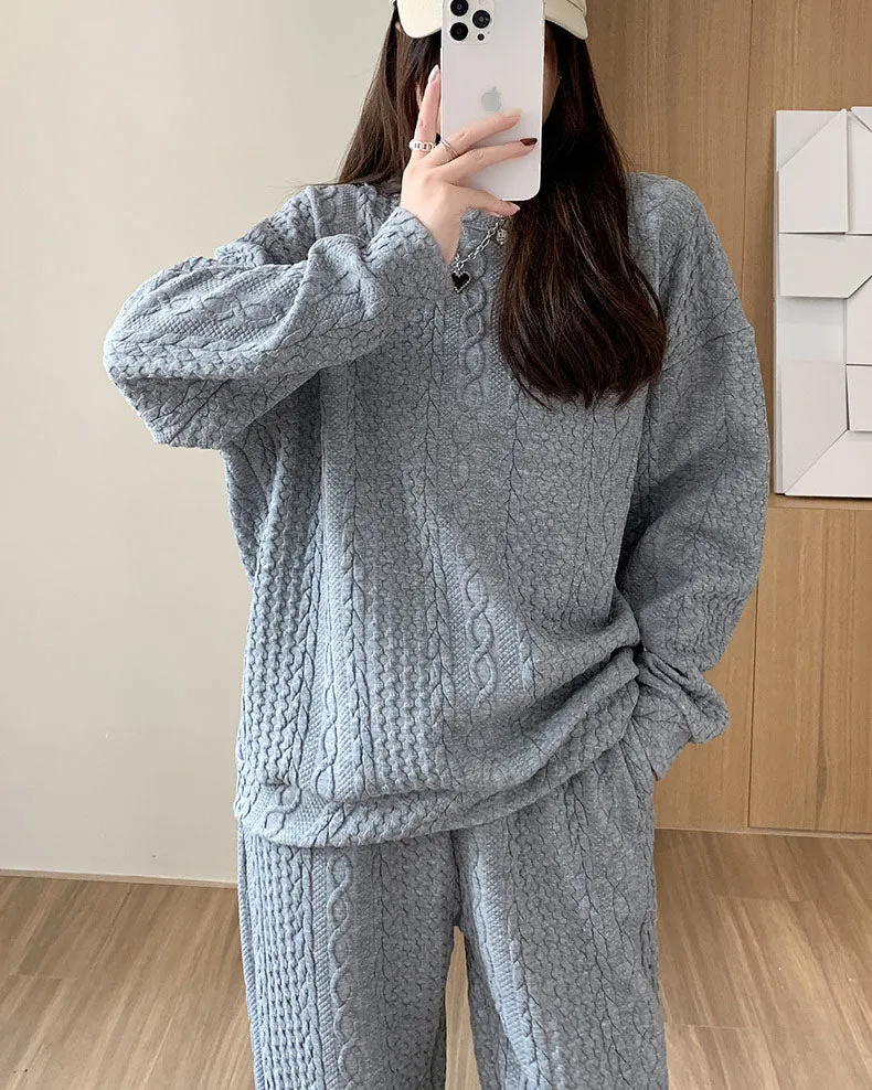 Long Sleeve Sweatshirt & Dual Pockets Pants Textured Two-piece Set