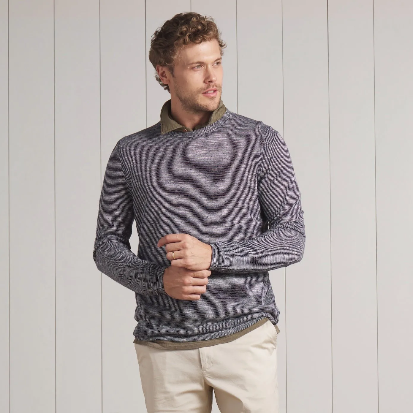 Marl Linen Cotton Sweater Crew - Navy Blue