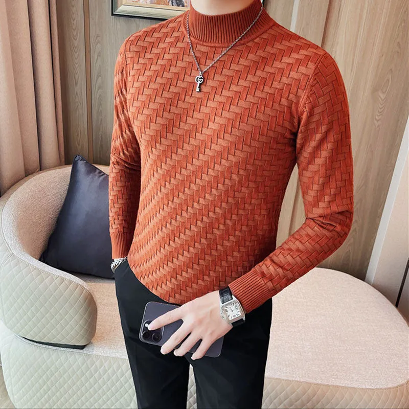 Men's Business Stretch Slim Half Turtleneck Plaid T-shirt