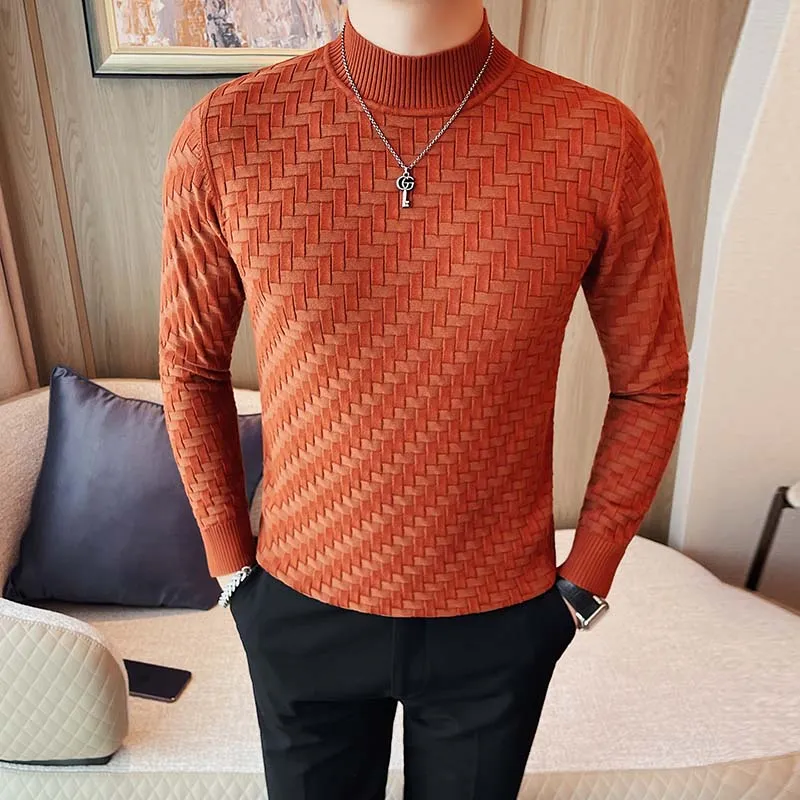 Men's Business Stretch Slim Half Turtleneck Plaid T-shirt