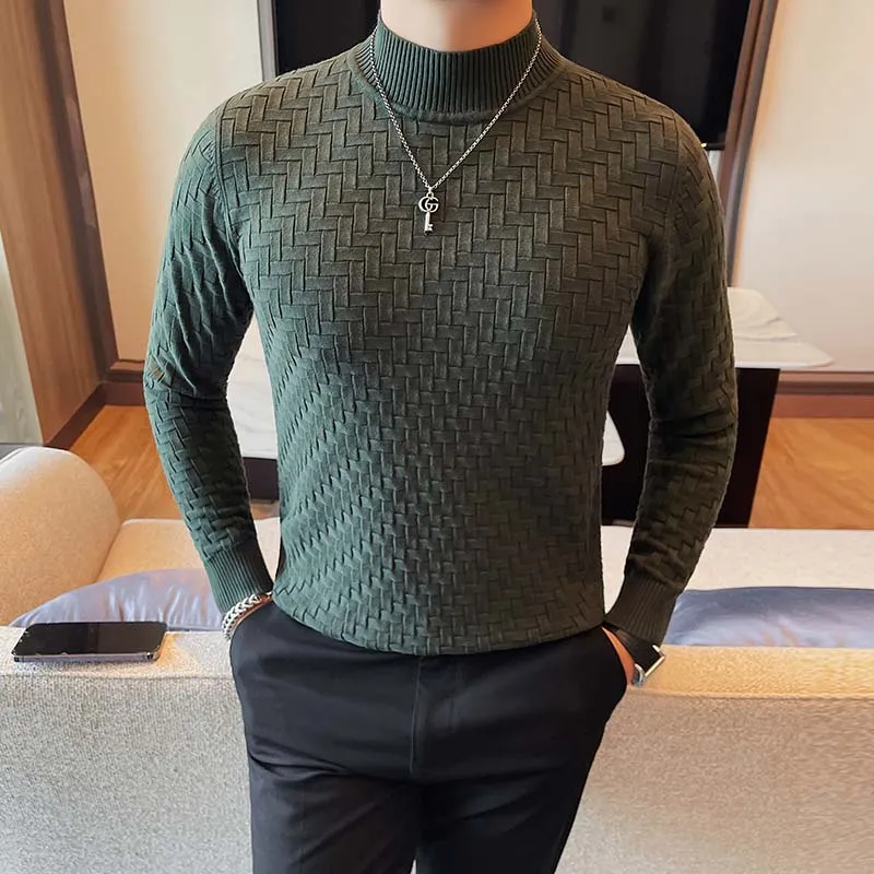 Men's Business Stretch Slim Half Turtleneck Plaid T-shirt