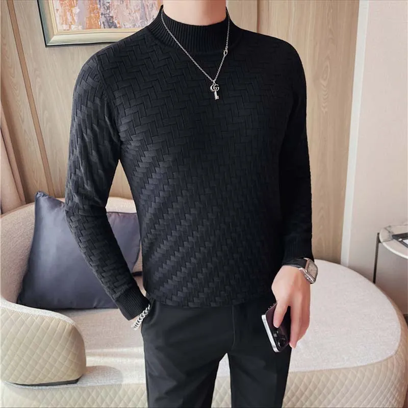 Men's Business Stretch Slim Half Turtleneck Plaid T-shirt