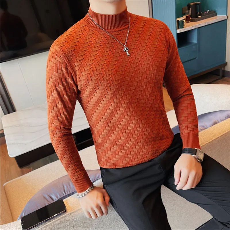 Men's Business Stretch Slim Half Turtleneck Plaid T-shirt