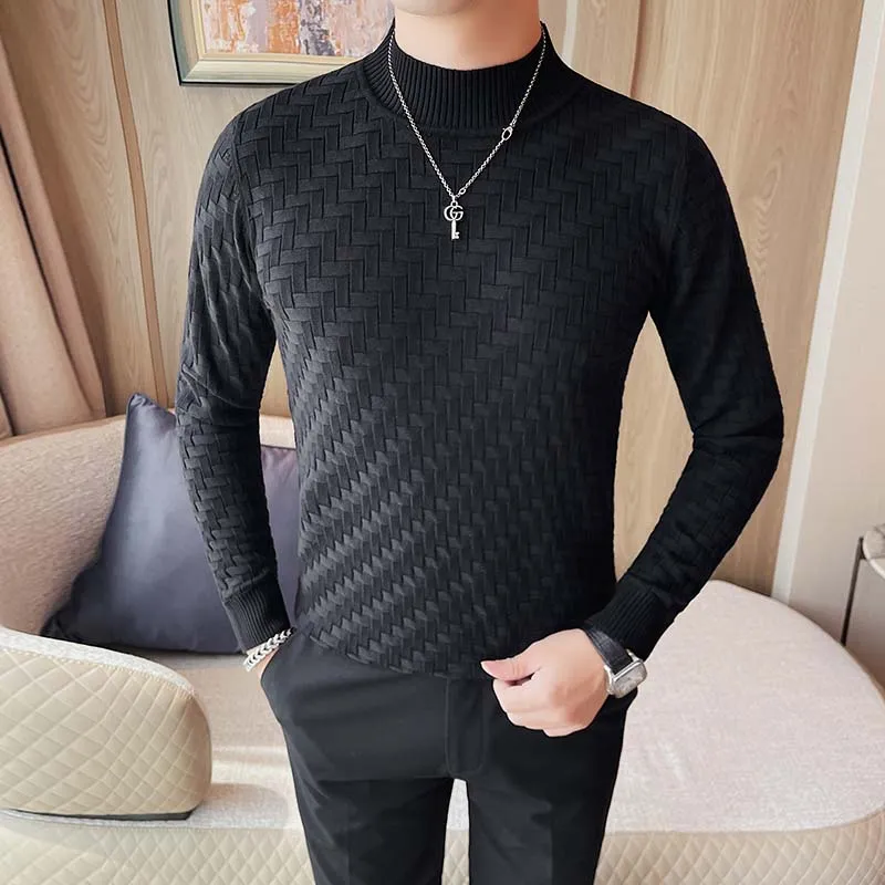 Men's Business Stretch Slim Half Turtleneck Plaid T-shirt