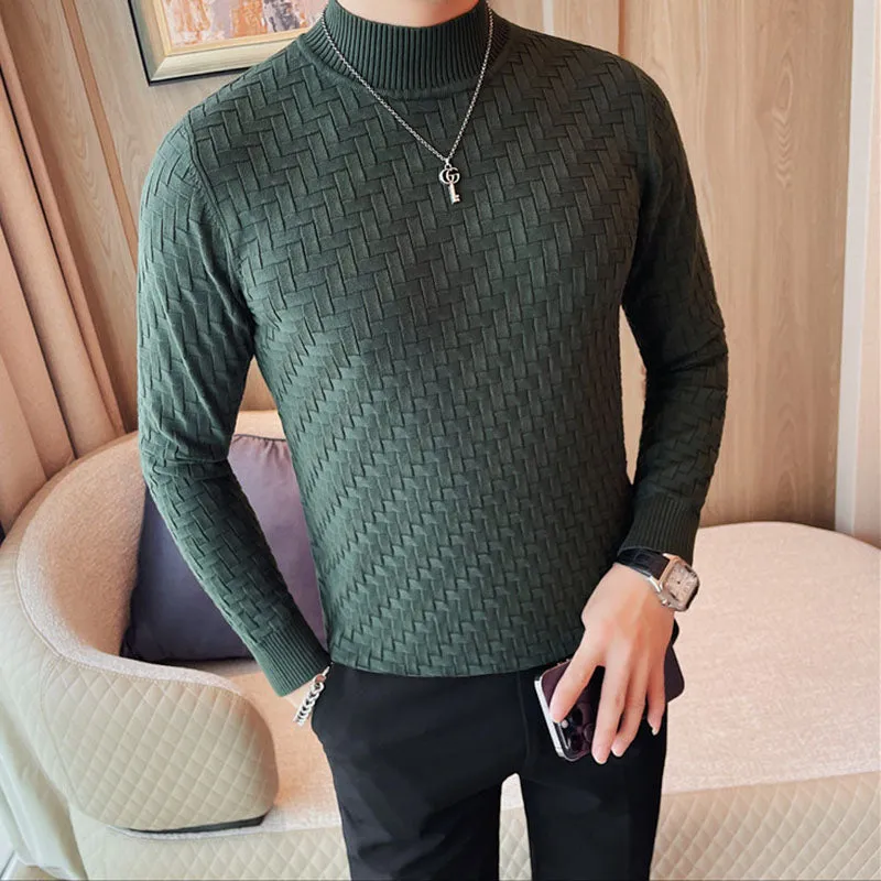 Men's Business Stretch Slim Half Turtleneck Plaid T-shirt