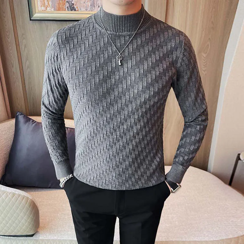 Men's Business Stretch Slim Half Turtleneck Plaid T-shirt