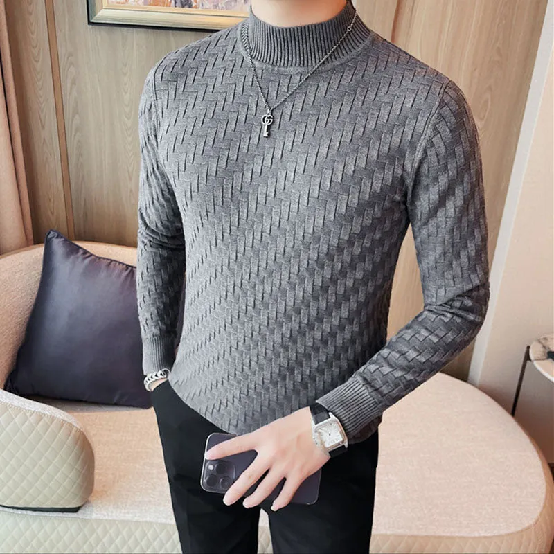 Men's Business Stretch Slim Half Turtleneck Plaid T-shirt