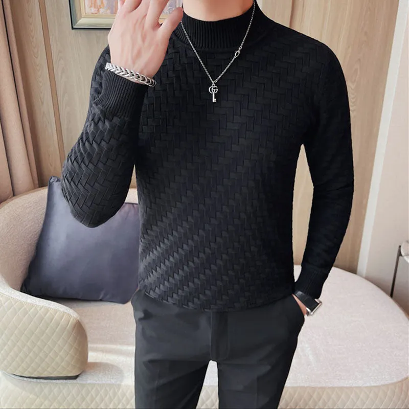 Men's Business Stretch Slim Half Turtleneck Plaid T-shirt