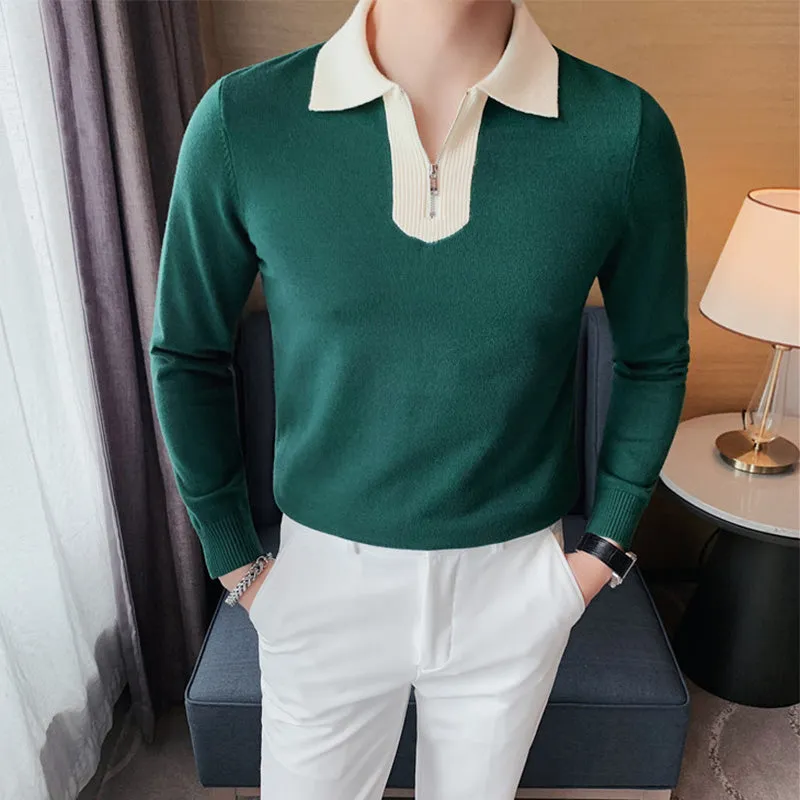 Men's Half Zip Sweater Lapel Knitted Sweater Long Sleeve POLO Shirt