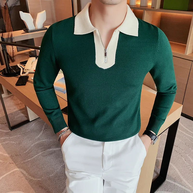 Men's Half Zip Sweater Lapel Knitted Sweater Long Sleeve POLO Shirt