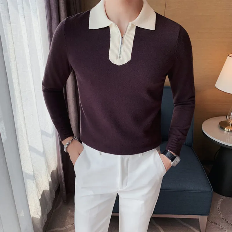 Men's Half Zip Sweater Lapel Knitted Sweater Long Sleeve POLO Shirt