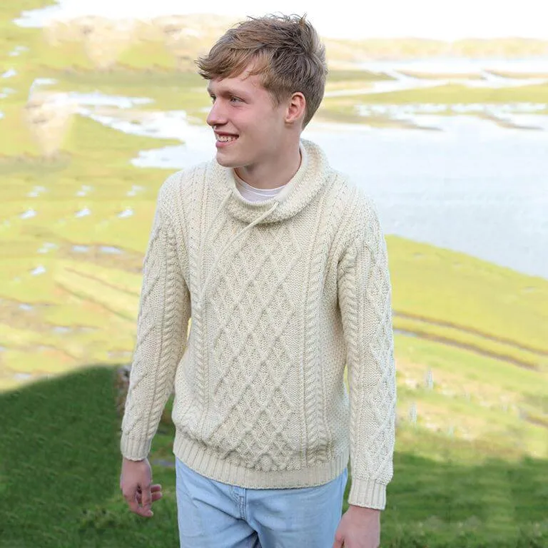 Men's Merino Wool Aran Sweater with Drawcords