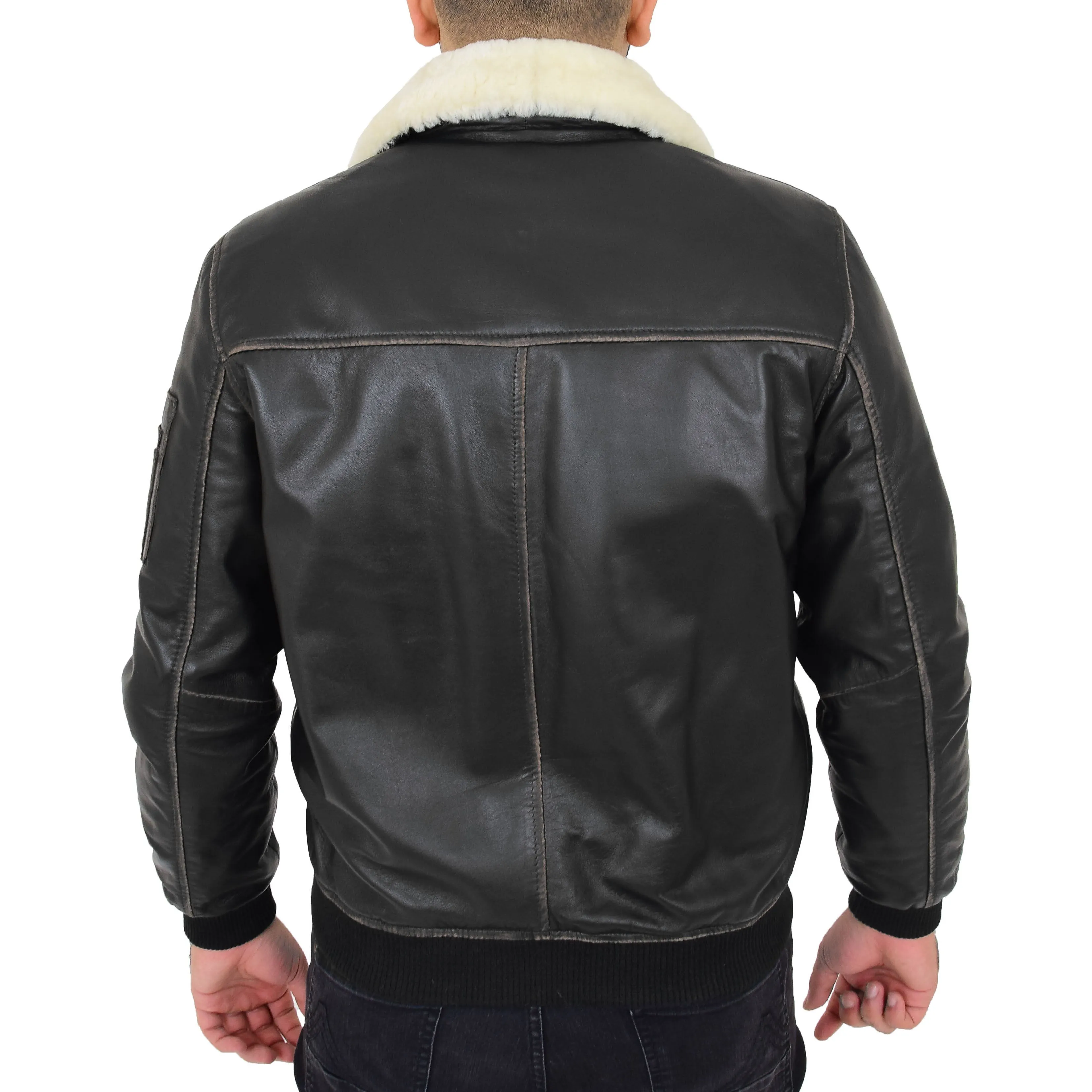 Mens Vintage Bomber Leather Jacket Sheepskin Collar Varsity Gunner Rub Off