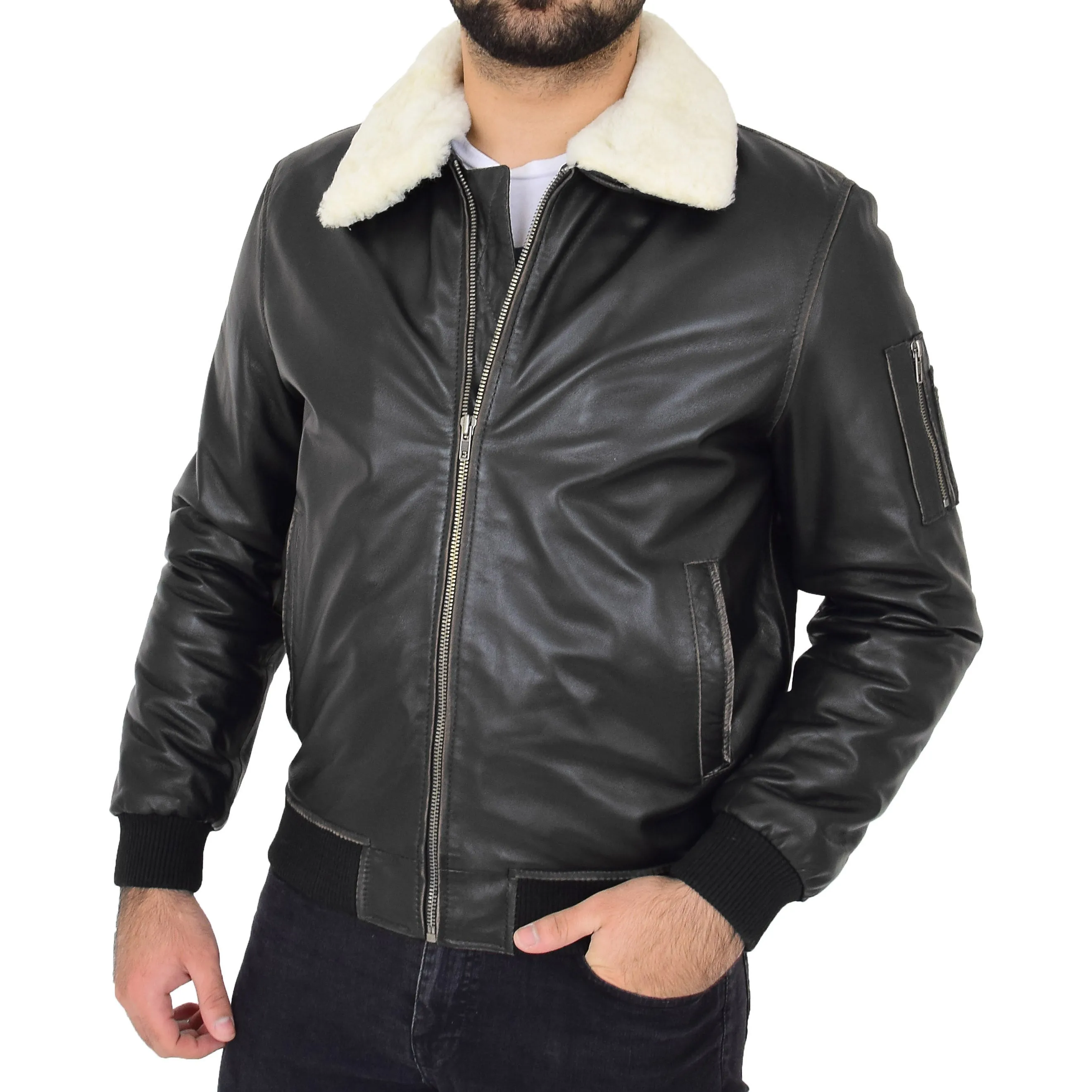 Mens Vintage Bomber Leather Jacket Sheepskin Collar Varsity Gunner Rub Off