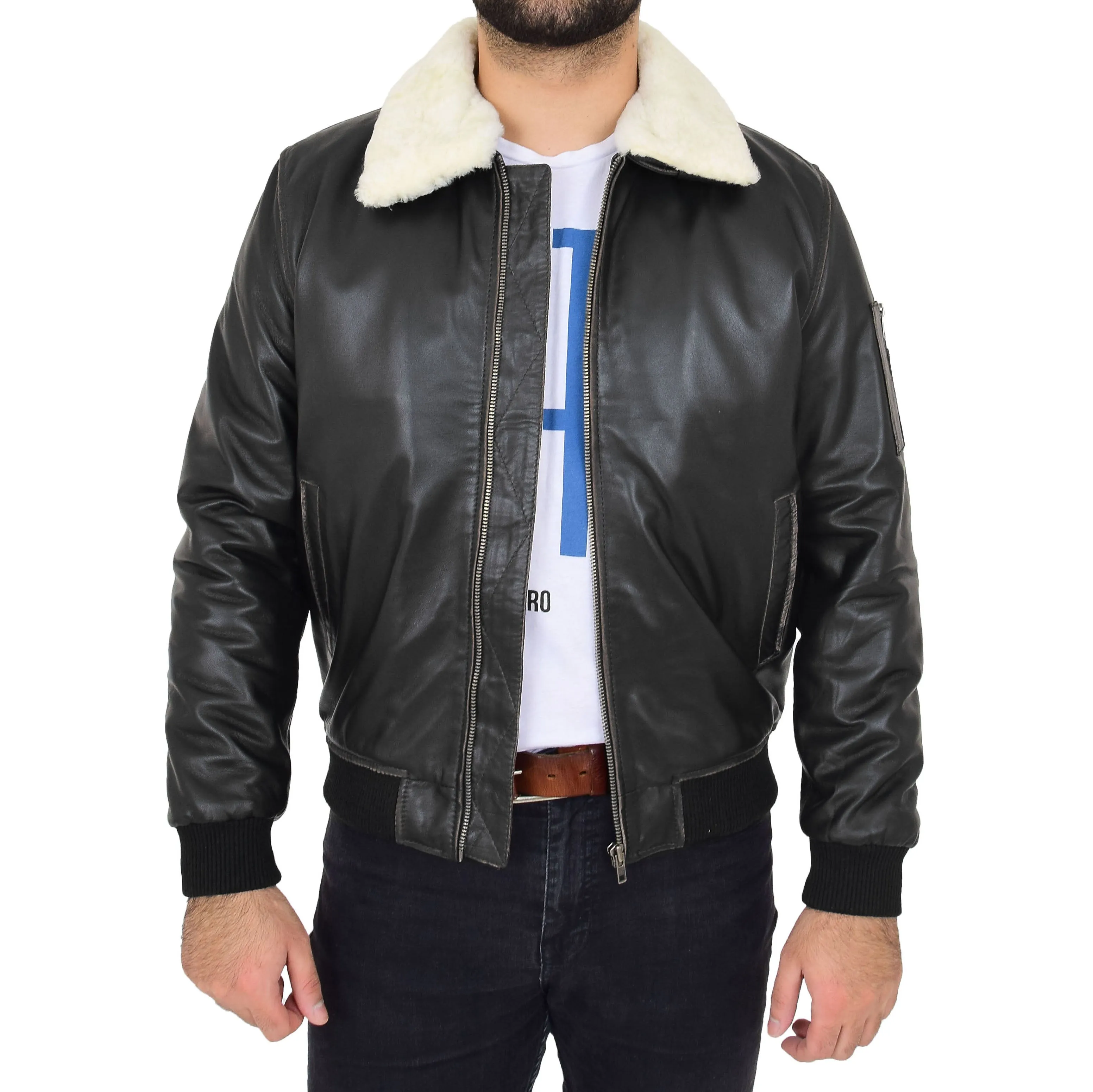 Mens Vintage Bomber Leather Jacket Sheepskin Collar Varsity Gunner Rub Off